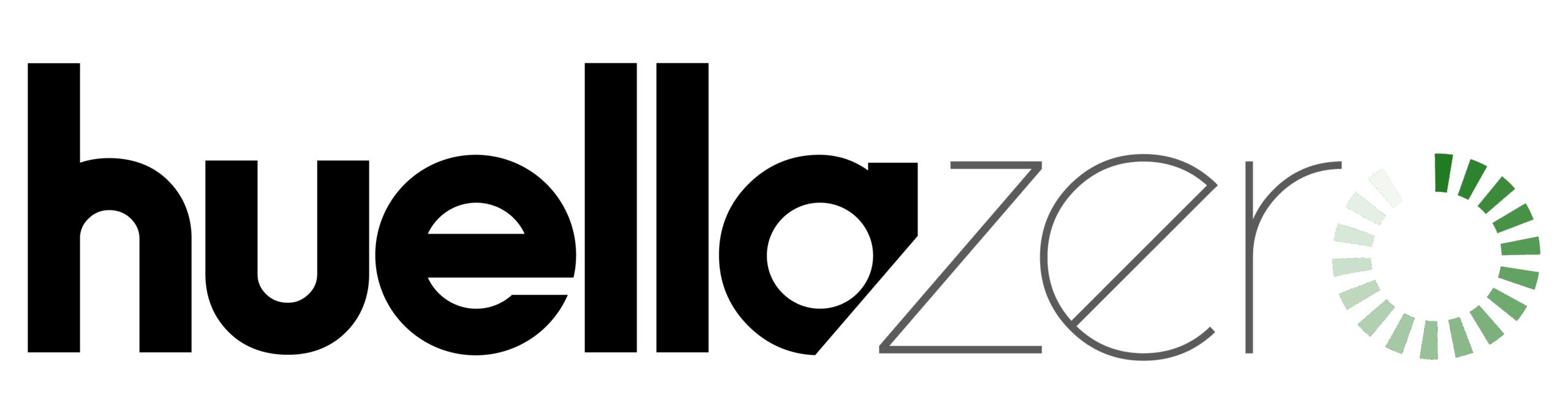 The image shows the text "huellazero" in lowercase letters. "huella" is in bold black, while "zero" is in thin gray, with the "o" replaced by a circular, green gradient icon—reflecting 2035 Climate Goals supported by groups like Sierra Club.