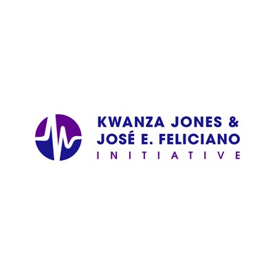 Logo with a purple and blue circular icon resembling a stylized heartbeat line, next to the text "Kwanza Jones & José E. Feliciano Initiative" in bold blue and purple letters, reflecting philanthropists dedicated to empowerment, on a white background.