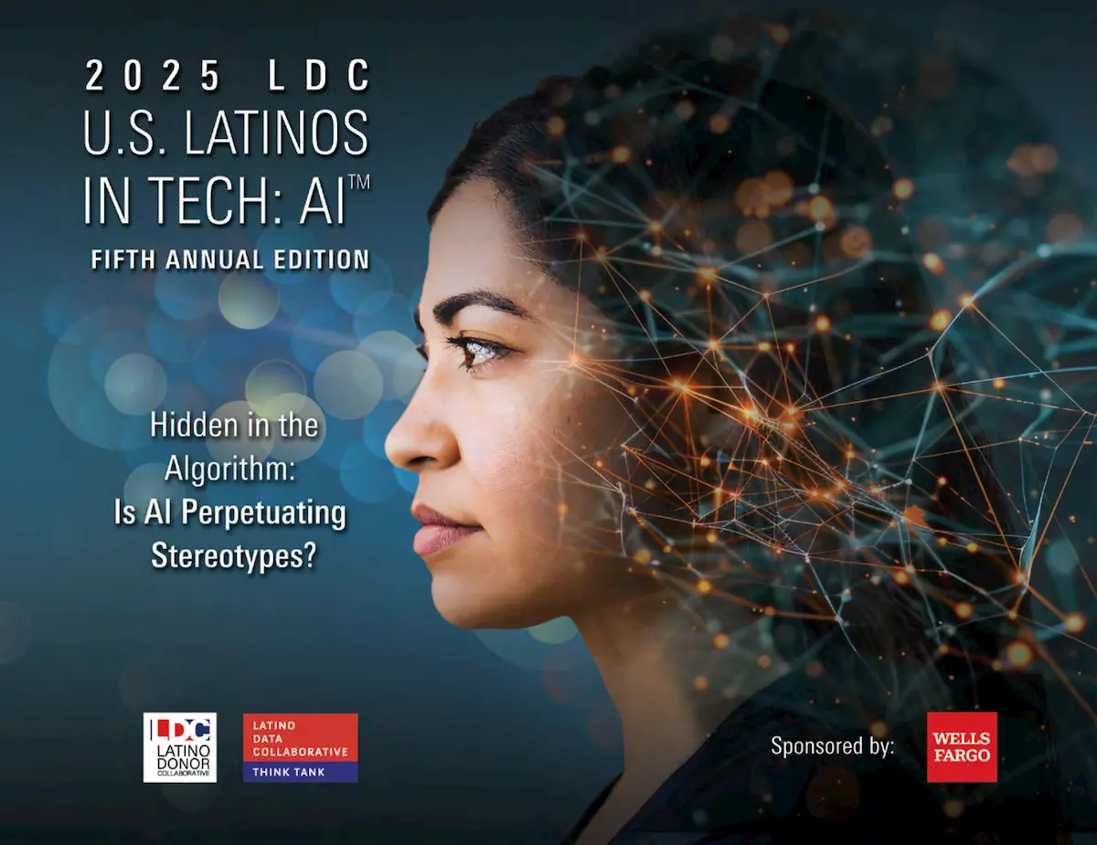 A woman’s profile is overlaid with digital network lines. Text reads: “Velocity 2025 LDC U.S. Latinos in Tech: AI Fifth Annual Edition. Hidden in the Algorithm: Is AI Perpetuating Stereotypes?” Sponsored by Wells Fargo and celebrating Latino economic power.