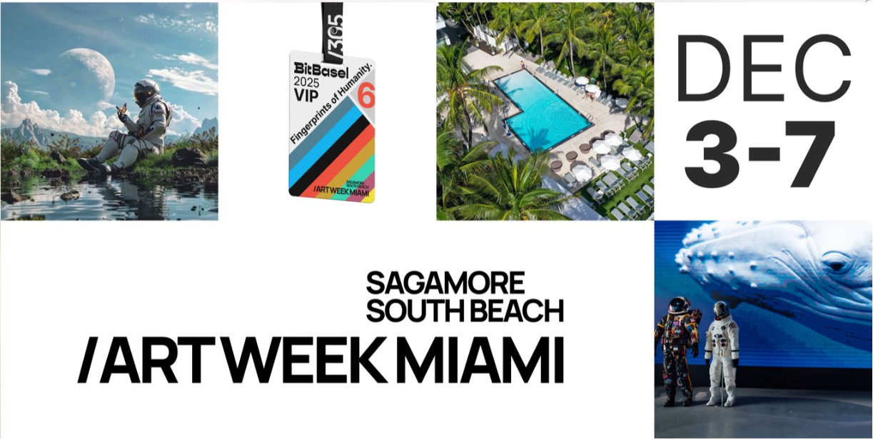 Art Week Miami promotional collage: astronaut and whale-themed art, a lush hotel pool, event date December 3-7, VIP ticket, and Sagamore South Beach venue name in bold black text on white background.
