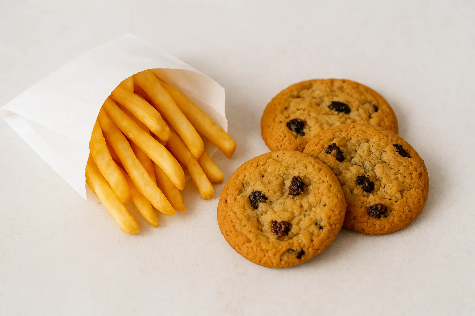 A small white paper bag filled with French fries sits next to three oatmeal raisin cookies on a light surface.