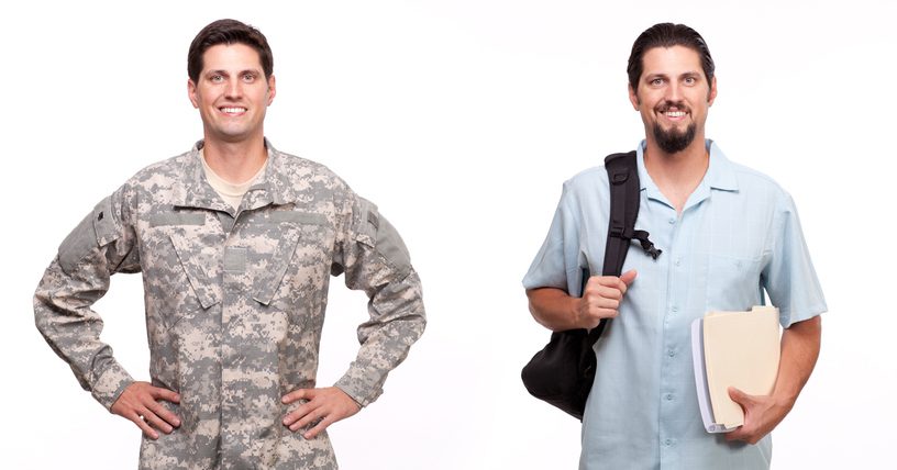 A man in military camouflage uniform stands smiling with hands on hips, while the same man in casual clothes with a messenger bag and folders smiles at the camera. White background.