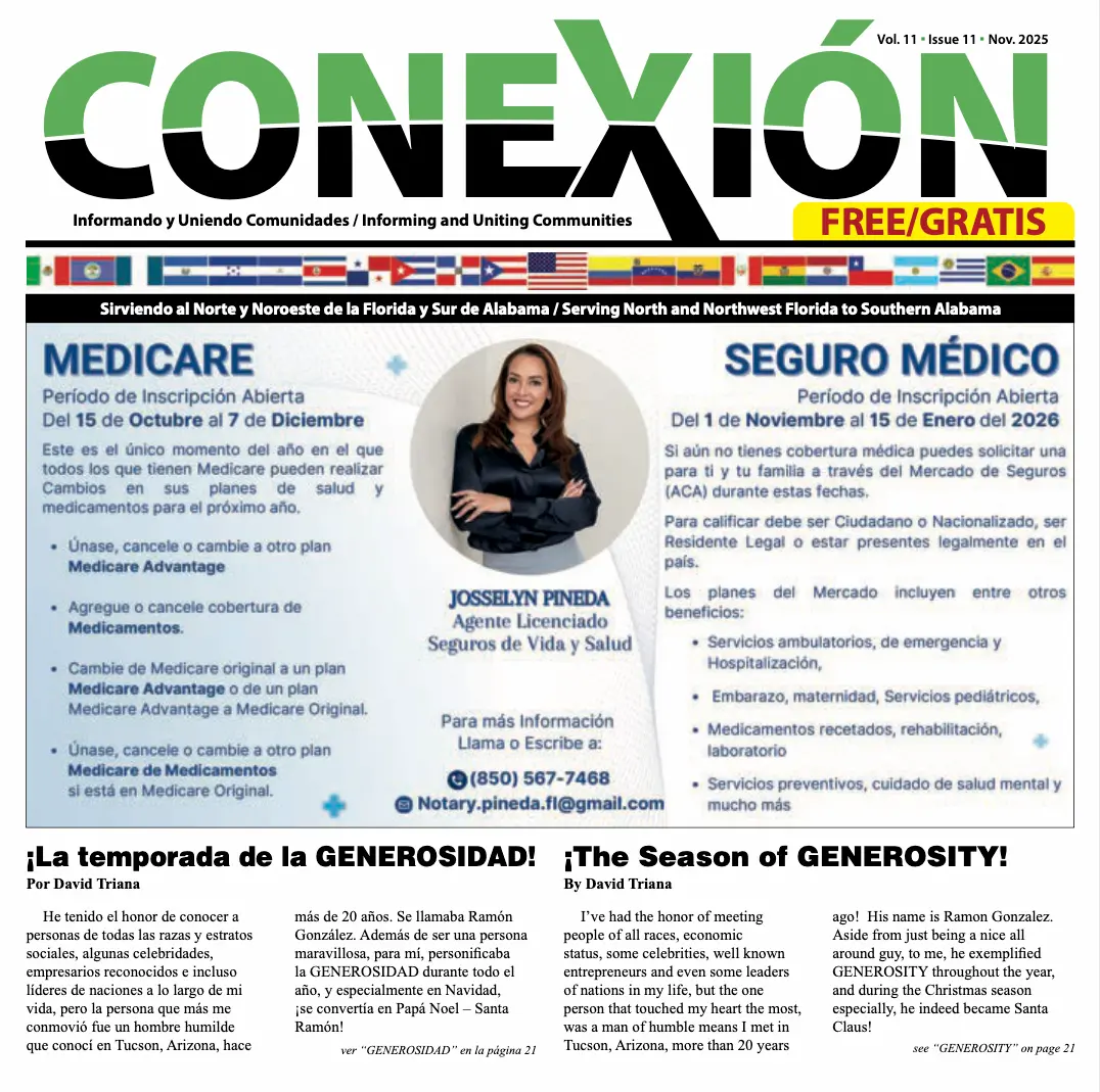 A bilingual Spanish-English newsletter cover titled "Conexión," featuring a woman in business attire. The November 2025 issue highlights Medicare enrollment, insurance info, generosity season articles, and includes contact details and key dates.