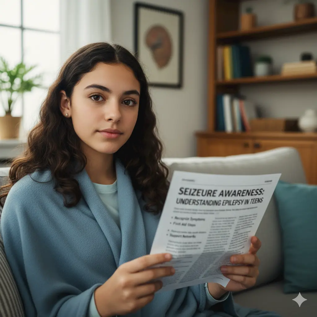 A teenage girl sits on a couch in a cozy living room, holding and reading a pamphlet titled "Seizure Awareness: Understanding Epilepsy in Teens." She looks calmly at the camera, raising awareness about how electrical storms in the brain impact teens.