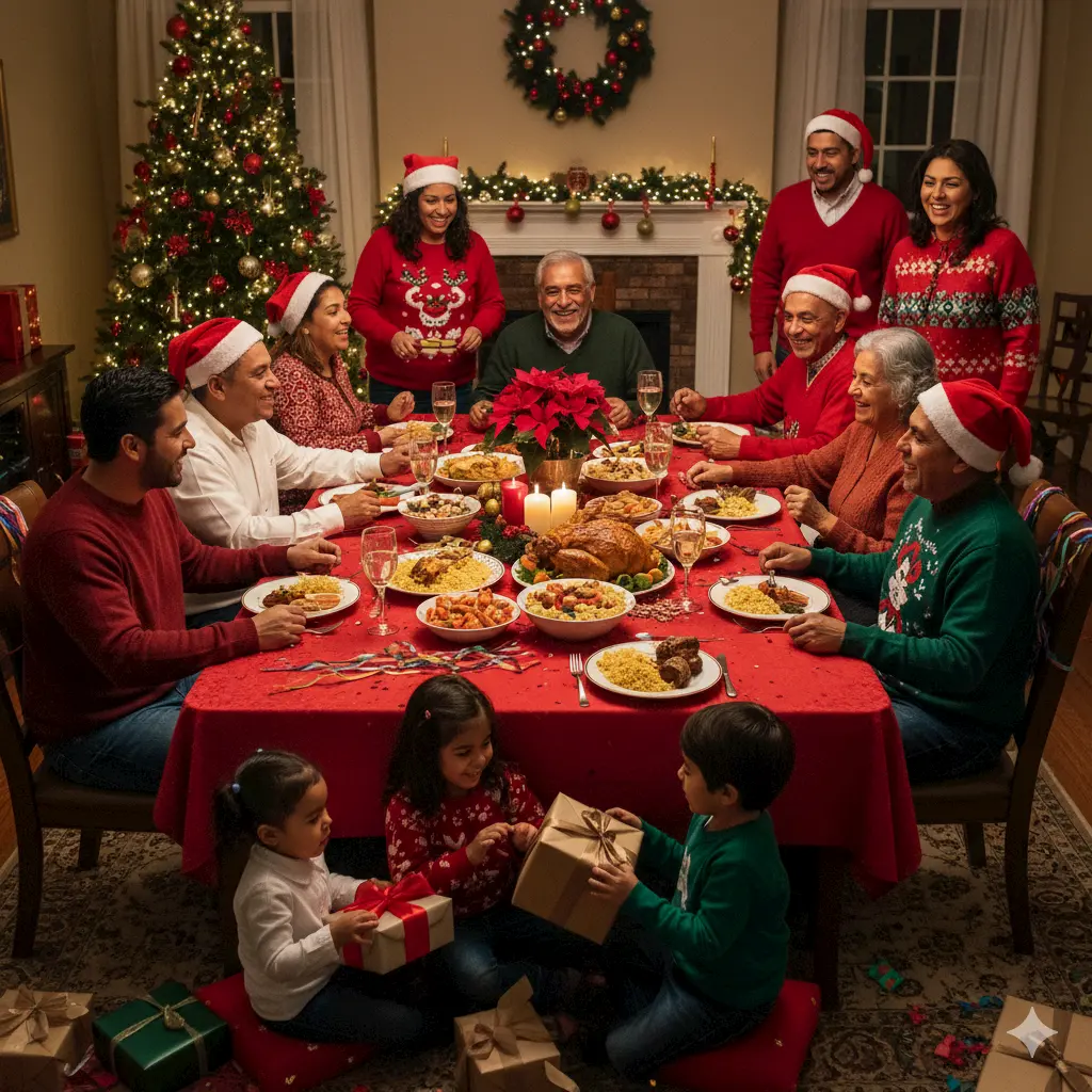 A multi-generational family, wearing festive clothing and Santa hats, gathers around a decorated table for Christmas dinner. A Christmas tree and wreath are in the background, while children exchange gifts—cherishing sustainable holidays together.