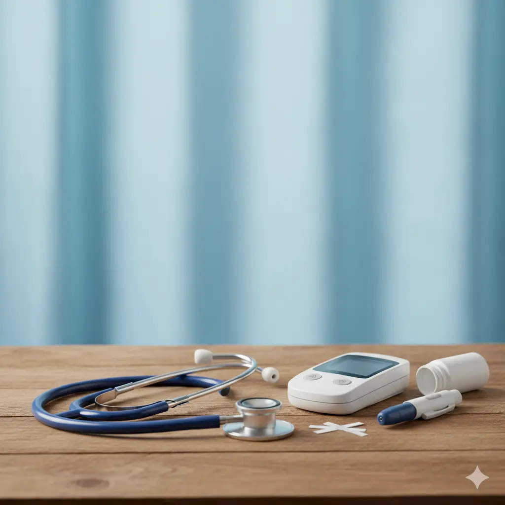 A stethoscope, blood glucose meter, test strips, lancing device, and test strip bottle are arranged on a wooden surface—tools essential for managing Diabetes, often called the silent guest—in front of a blue curtain background.