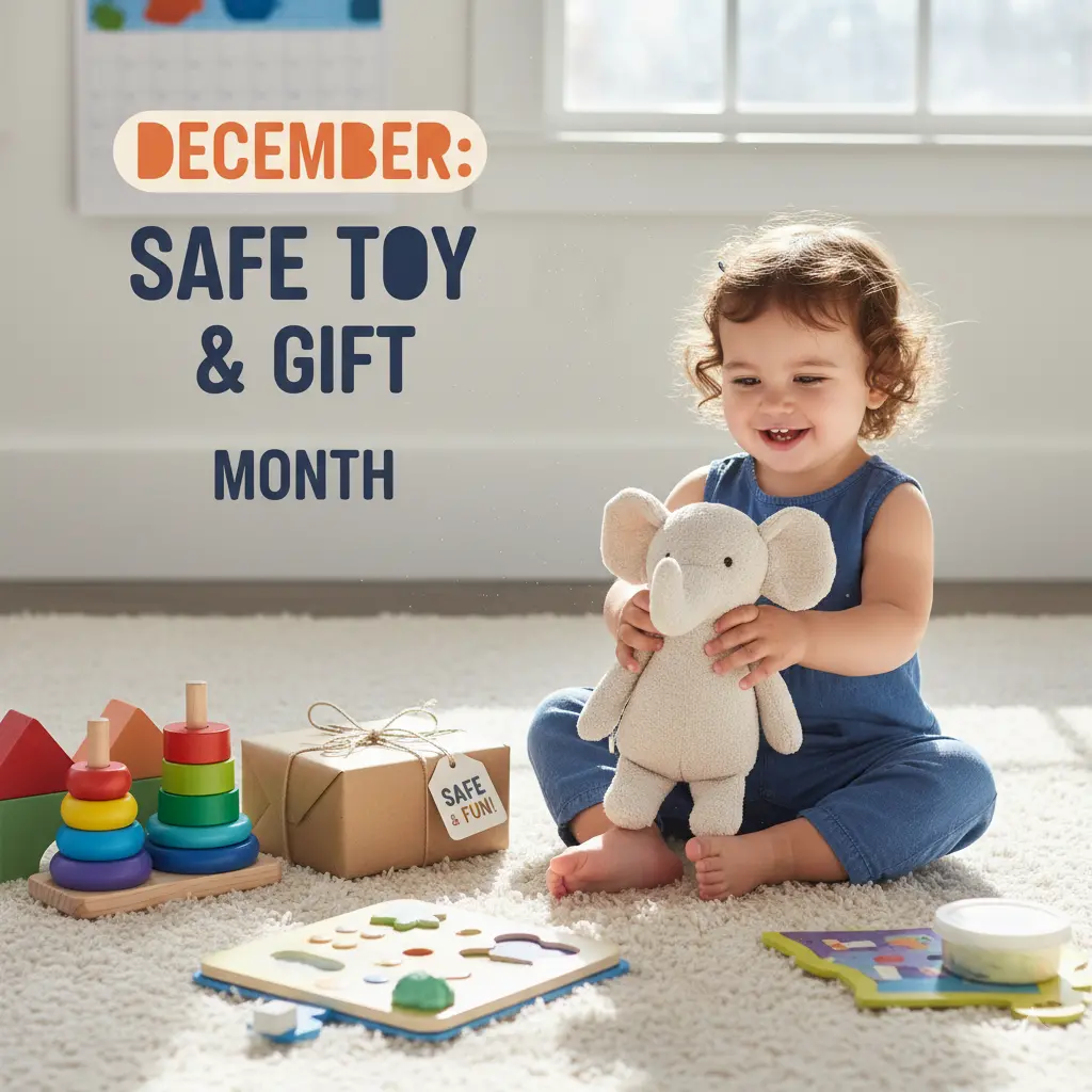 A smiling toddler sits on a carpet holding a stuffed elephant, surrounded by colorful safe toys and a gift box labeled "Safe & Fun." Text reads: "December: Safe Toy & Gift Month." Sunlight streams through a window.