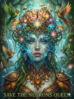 A fantasy queen with glowing blue neural networks and a brain adorned with mushrooms and flowers on her head, surrounded by birds and lush forest, with text: “SAVE THE NEURONS QUEEN.”.