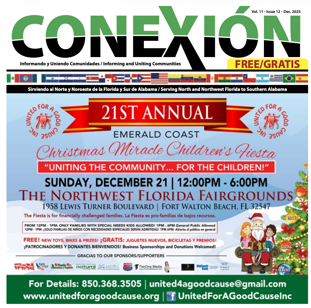 The cover of CONEXIÓN magazine features a red banner for the "21st Annual Emerald Coast Christmas Miracle Children's Fiesta" at the Northwest Florida Fairgrounds, with event details, sponsors, and festive decorations.