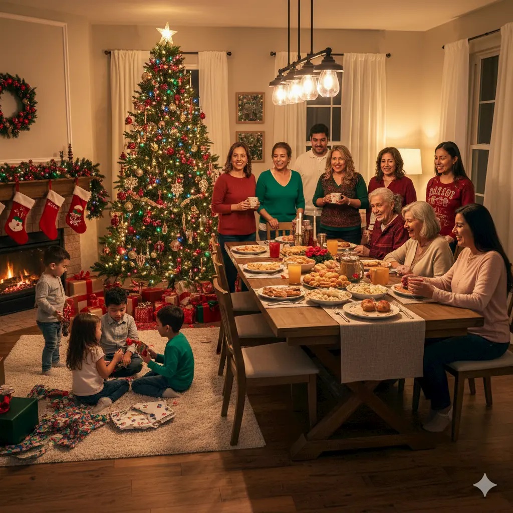 A family gathers around a festive dining table near a decorated Christmas tree and fireplace. Adults and children enjoy food, unwrap gifts, and celebrate together in a warmly lit living room.