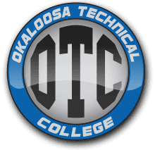 Circular logo for Okaloosa Technical College with a blue border, white text reading "OKALOOSA TECHNICAL COLLEGE," and large black letters "OTC" in the center on a silver background.