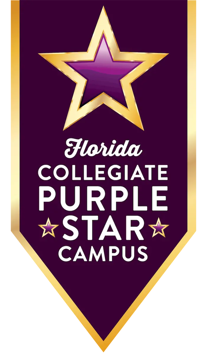 A purple and gold banner with a star at the top and the text: "Florida Collegiate Purple Star Campus" in white, accented by two smaller stars.