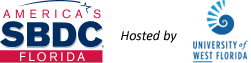 Logos for America’s SBDC Florida on the left and University of West Florida on the right, with “Hosted by UWF Business Academy” in the center.