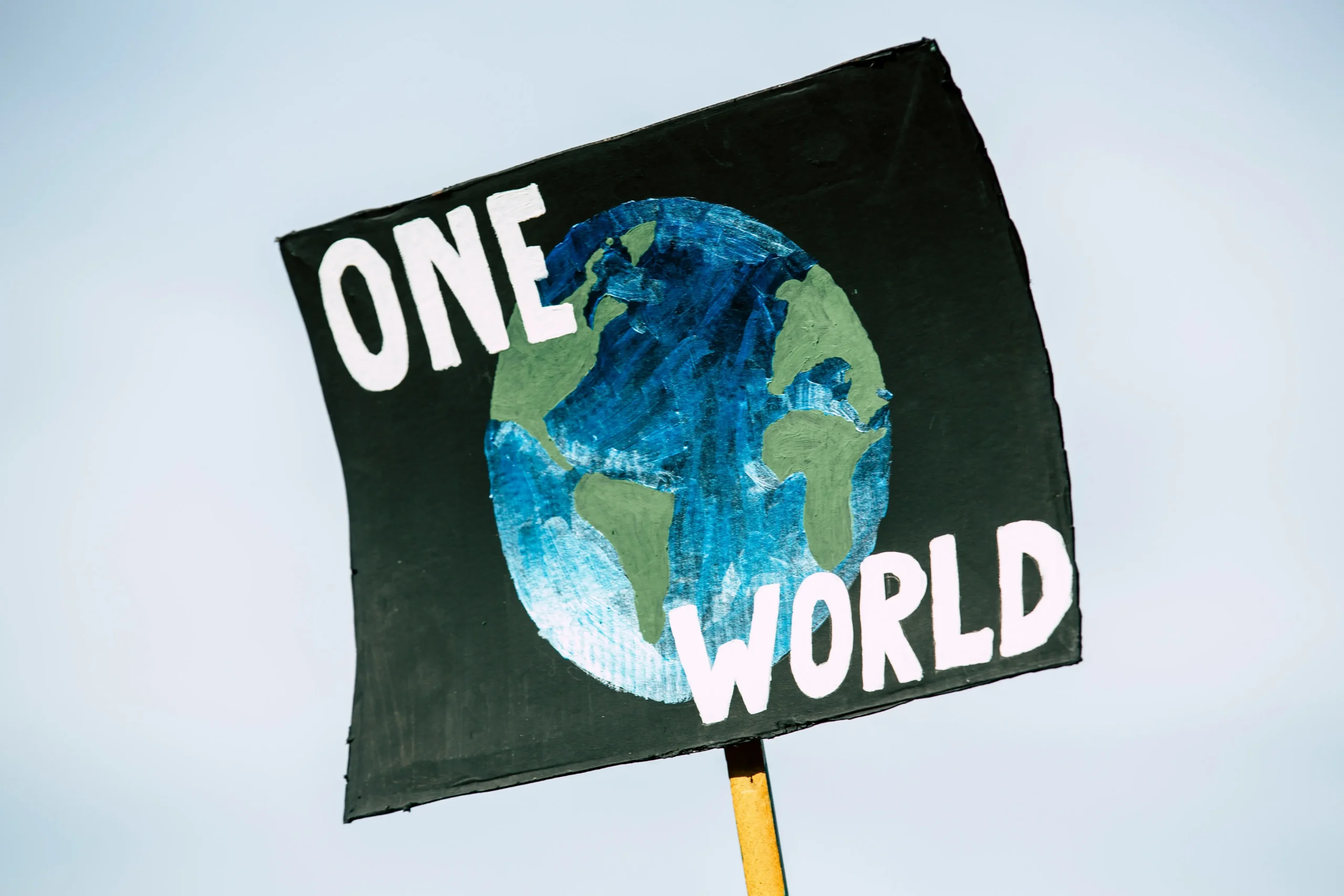A protest sign with a painted image of the Earth and the words "ONE WORLD" in bold white letters against a black background, highlighting the urgent call for action on climate change.