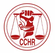 A red logo shows a fist holding balanced scales, symbolizing justice. The fist has a broken shackle around the wrist. The letters "CCHR" are below, all enclosed within a dotted circular border.