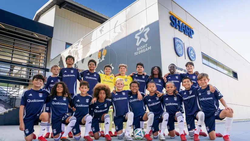 A youth soccer team in matching navy uniforms poses smiling in front of a modern building with logos and "Right to Dream" on the wall. Two players in yellow stand in the center behind a soccer ball.