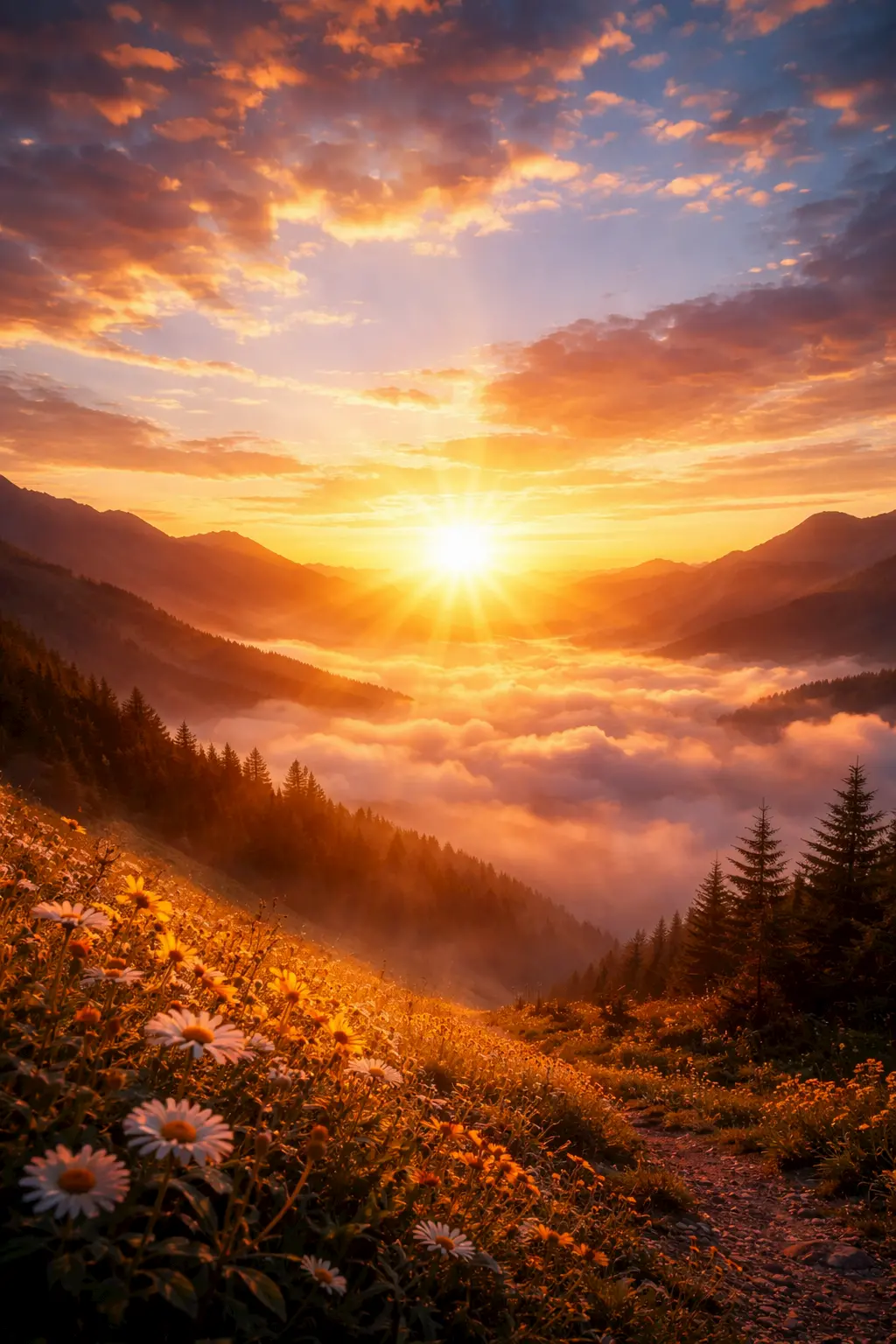 Sunrise over a mountain valley with a golden sky, clouds filling the valley, pine trees, and wildflowers blooming in the foreground, creating a warm, picturesque landscape.