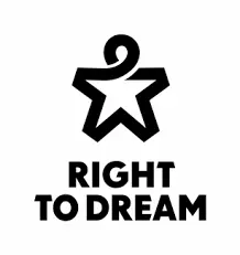 Black outlined star with a curved line at the top above the bold text "RIGHT TO DREAM" on a white background.