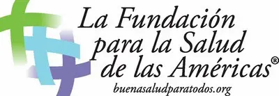 Logo of "La Fundación para la Salud de las Américas" with interwoven green, purple, and blue ribbons on the left and website "buenasaludparatodos.org" at the bottom.