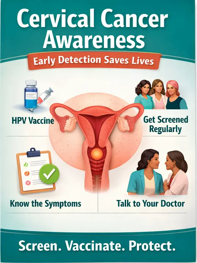 Infographic on cervical cancer awareness: highlights women’s health by encouraging HPV vaccination, regular screening, knowing symptoms, and talking to a doctor. Central image shows female reproductive organs. Banner reads, “Screen. Vaccinate. Protect.”.