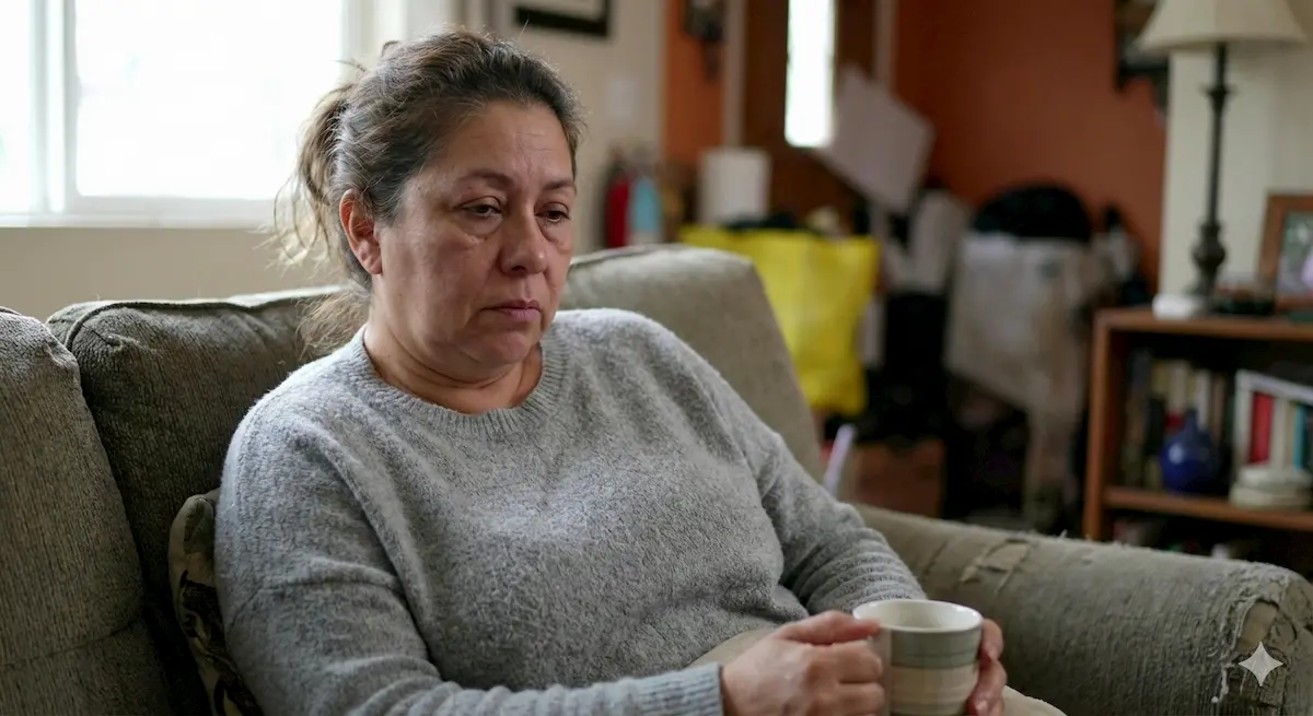 Maria, looking tired and missing energy, sits on a couch holding a mug. Dressed in a gray sweater, she’s surrounded by cozy clutter and shelves of books, hinting at how thyroid issues might affect her daily life.