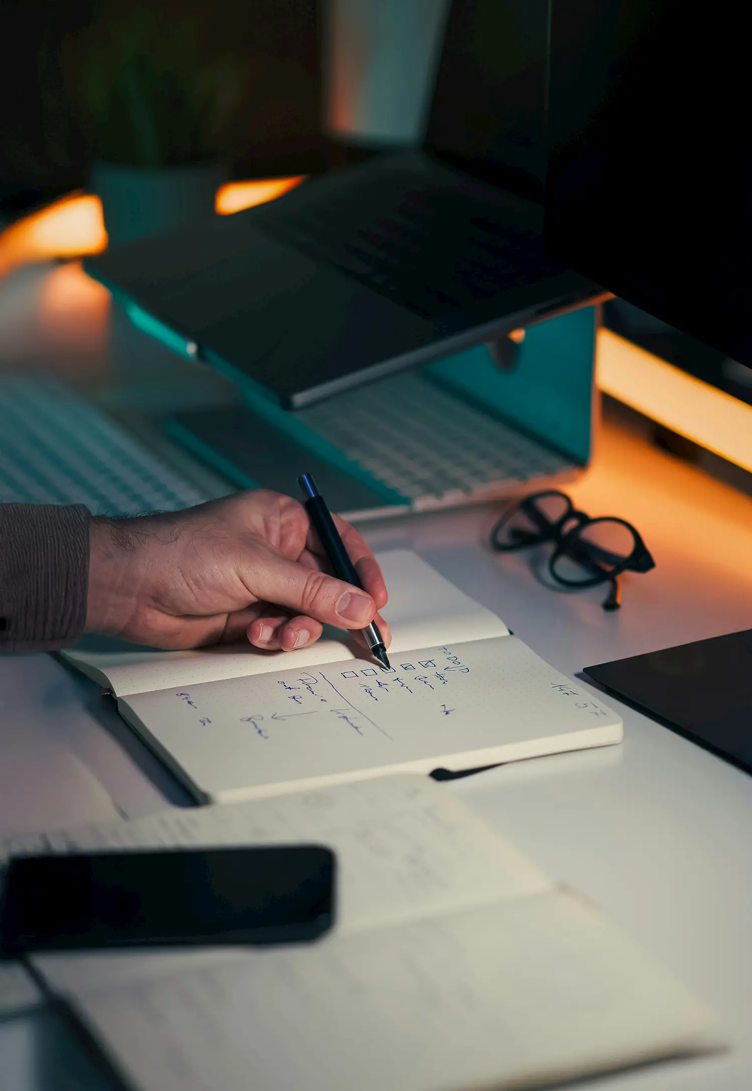 An entrepreneur writes notes with a pen in a notebook on a desk, surrounded by key things like a keyboard, glasses, laptop, and smartphone, with warm ambient lighting enhancing focus in the background.