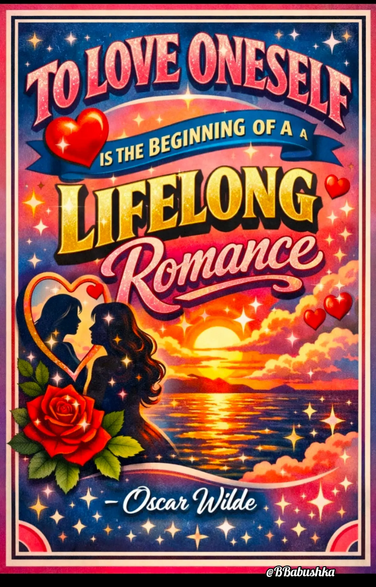 Colorful poster with the Oscar Wilde quote: "To love oneself is the beginning of a lifelong romance." Features two silhouetted women facing each other by a sunset, with hearts, a rose, and a vibrant sky.