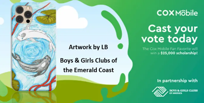 An iPhone with a koi fish drawing is shown on the left, and on the right is a green Cox Mobile ad that says, “Cast your vote today” for a $25,000 scholarship. Boys & Girls Clubs logo and partnership noted below.