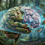 A digital artwork of a brain partly made of tree bark and leaves, with glowing symbols and data. A lens projects light onto it, and fragments break away, set against a forest with holographic interface elements.