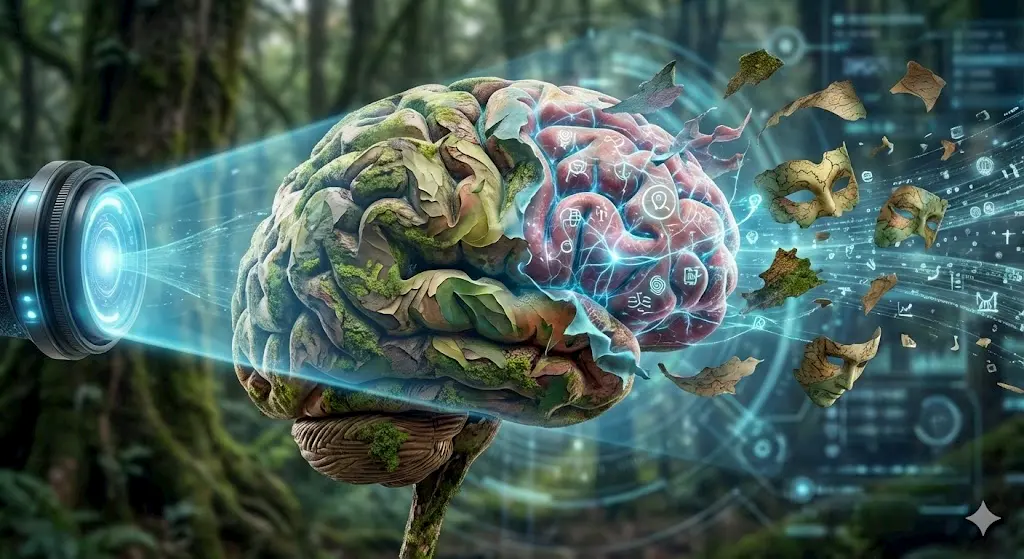 A digital artwork of a brain partly made of tree bark and leaves, with glowing symbols and data. A lens projects light onto it, and fragments break away, set against a forest with holographic interface elements.