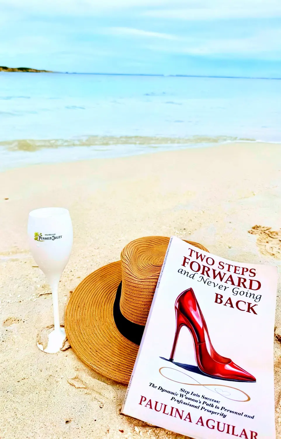 A straw hat, a wine glass, and the book "Two Steps Forward and Never Going Back" by Paulina Aguilar rest on sandy beach near the ocean, under a cloudy sky.