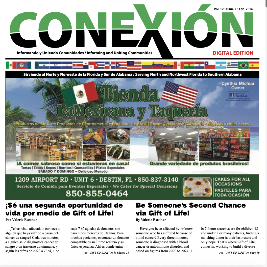 Front cover of the January 2025 CONEXION magazine featuring an ad for Tienda La Mexicana y Taqueria, with colorful store and food images, plus bilingual articles titled “Be Someone’s Second Chance via Gift of Life!” in English and Spanish.