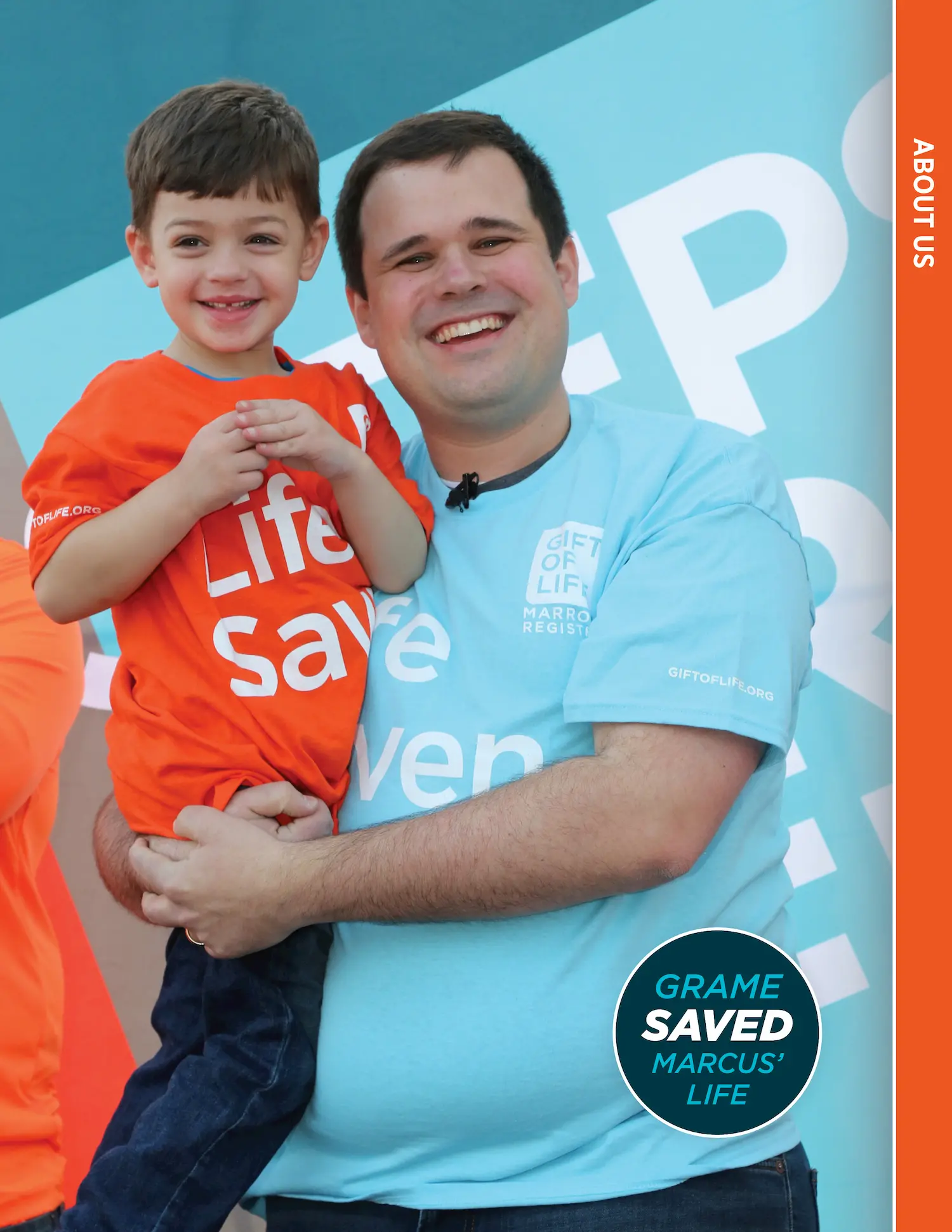A smiling man in a blue shirt holds a young boy in an orange shirt. Both shirts have text promoting organ donation. A circular text on the image reads, "GRAME SAVED MARCUS' LIFE." A sidebar says "ABOUT US.