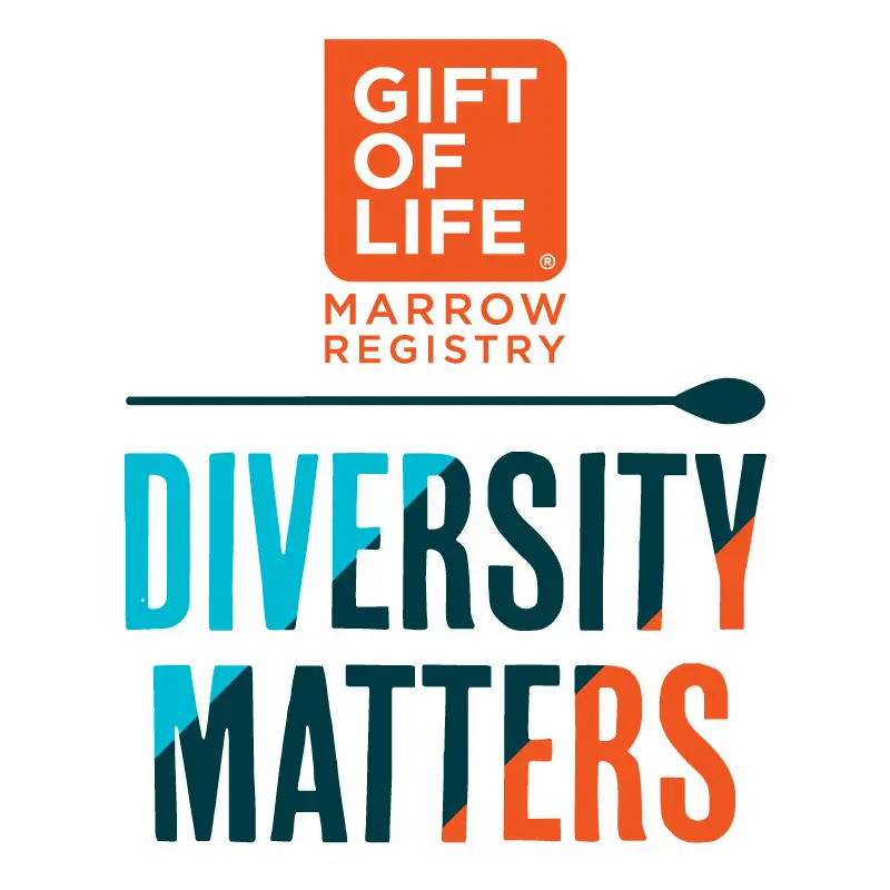 Logo for Gift of Life Marrow Registry with the text “Diversity Matters” in bold, colorful letters and a stylized swab above the word “Diversity.”.