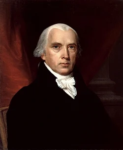 A formal painted portrait of a man with white hair, wearing a black coat and a white cravat, seated against a dark backdrop with red drapery.