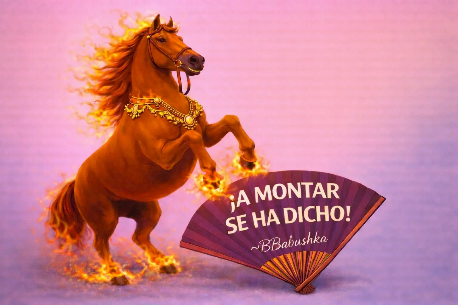 A majestic brown horse with a flaming mane and hooves rears up on its hind legs against a pink background. In the foreground, a purple fan displays the Spanish phrase “¡A MONTAR SE HA DICHO! ~BBabushka”.