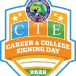 Shield-shaped logo for Okaloosa County School District’s “CTE Career & College Signing Day 2026,” featuring stars, a school district emblem, and text promoting career and technical education.