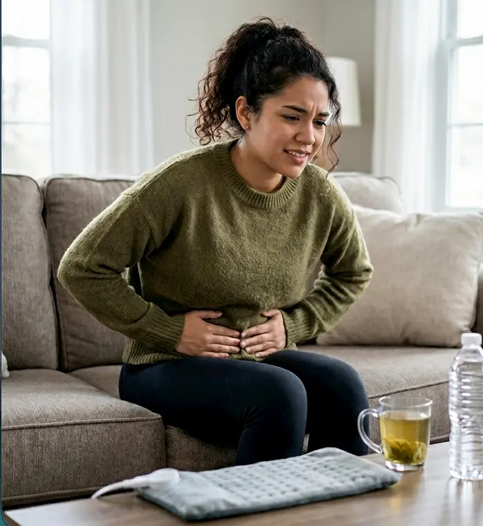 A woman sits on a couch holding her stomach in discomfort. A heating pad, a glass mug with tea, and a bottle of water are on the table in front of her, suggesting she may have abdominal pain or cramps.