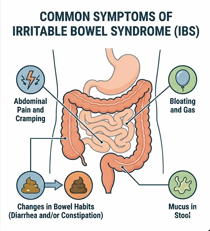Diagram of the digestive system highlighting common IBS symptoms—abdominal pain, cramping, bloating, gas, and bowel changes—each with icons to support digestive health and emphasize the gut-brain connection.