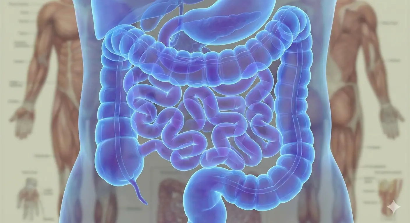A digital illustration showing the human digestive tract, highlighting the large and small intestines in blue with the stomach visible above them.