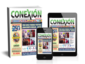A magazine cover titled "CONEXION" is displayed on a printed issue, a smartphone, and a tablet. The March Digital Edition features colorful banners, event promotion, and logos, advertising a free family-friendly festival.