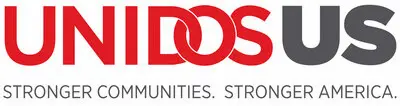 Logo for UnidosUS, featuring the organization name in bold red and gray letters with the two O's interlinked. Below, the tagline reads: "Stronger Communities. Stronger America.