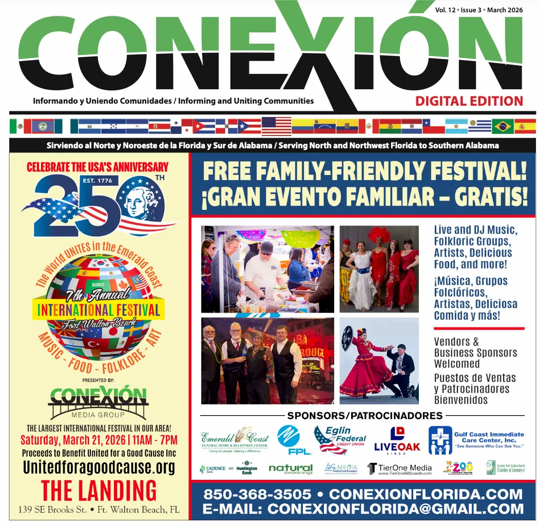 Digital magazine cover for "CONEXION." The February 2026 PDF highlights a free family-friendly festival on March 21 at The Landing, featuring global food, music, vendors, and children’s activities. Event details and contact information included.