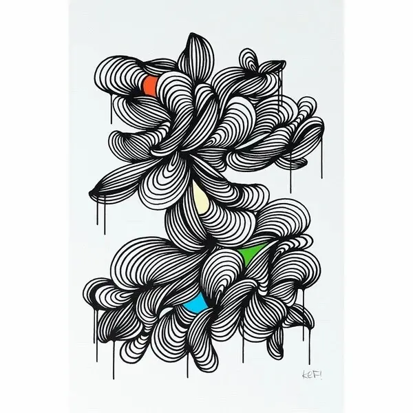Abstract black and white line art resembling layered, swirling petals or leaves with small patches of red, yellow, blue, and green, and black paint drips extending downward.