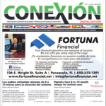 Front page of a bilingual newsletter with the title "CONEXIÓN," featuring Mario Castaneda, CEO of Fortuna Financial, company details, and articles about child care delays in English and Spanish.