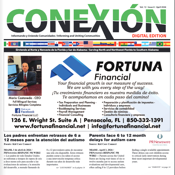 Front page of a bilingual newsletter with the title "CONEXIÓN," featuring Mario Castaneda, CEO of Fortuna Financial, company details, and articles about child care delays in English and Spanish.