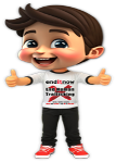 A smiling cartoon boy with brown hair gives two thumbs up. He wears a white shirt with text, black pants, and red shoes.