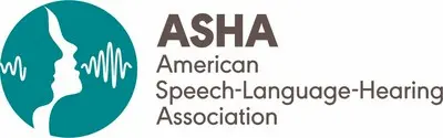 ASHA logo with a white profile of a face and sound waves inside a teal circle, next to the words "ASHA American Speech-Language-Hearing Association" in gray text.