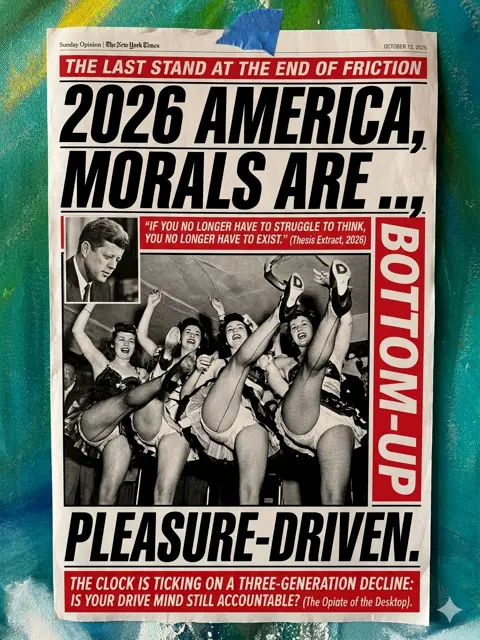 A magazine-style poster with bold red, black, and white text reading: “2026 America, Morals Are... Bottom-Up, Pleasure-Driven.” Below is an image of dancers kicking, and various alarmist headlines about a moral and societal decline.