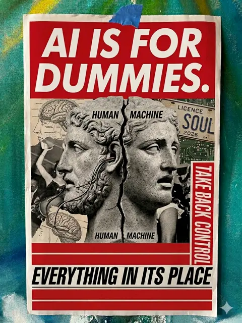 A poster with bold red and white text reads "AI IS FOR DUMMIES," "EVERYTHING IN ITS PLACE," and "TAKE BACK CONTROL." It shows split statues labeled "Human" and "Machine" with a collage of technological images.